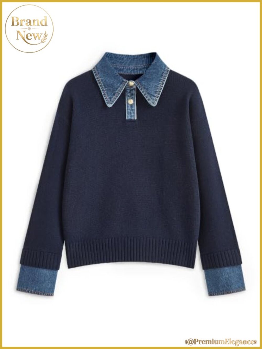 Women's Oversized Knit Sweater Denim Polo Collar Long Sleeve Pullover